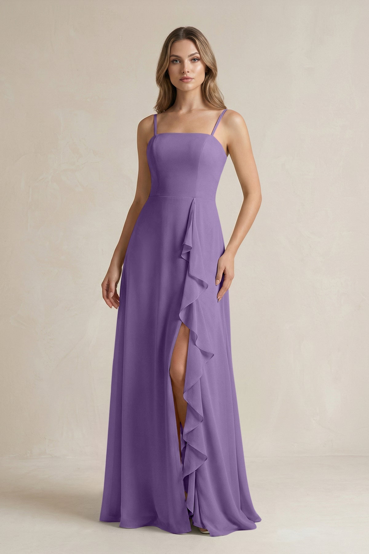 KissProm Spaghetti Strap Ruffled A-Line Chiffon Bridesmaid Dress in Tahiti, Tahiti / Custom Size( Free )
