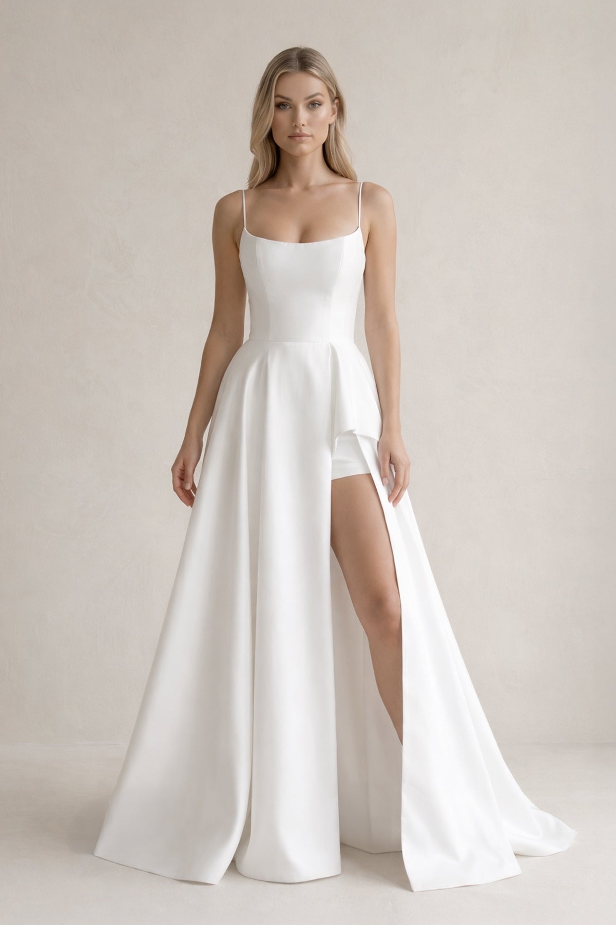Spaghetti Strap Satin A-Line Wedding Dress With Slit in White, White / 28