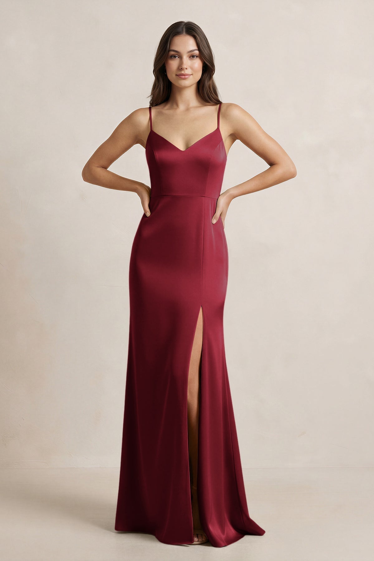 Spaghetti Strap Sheath Satin Bridesmaid Dress in Burgundy Spaghetti Strap Sheath Satin Bridesmaid Dress in Burgundy