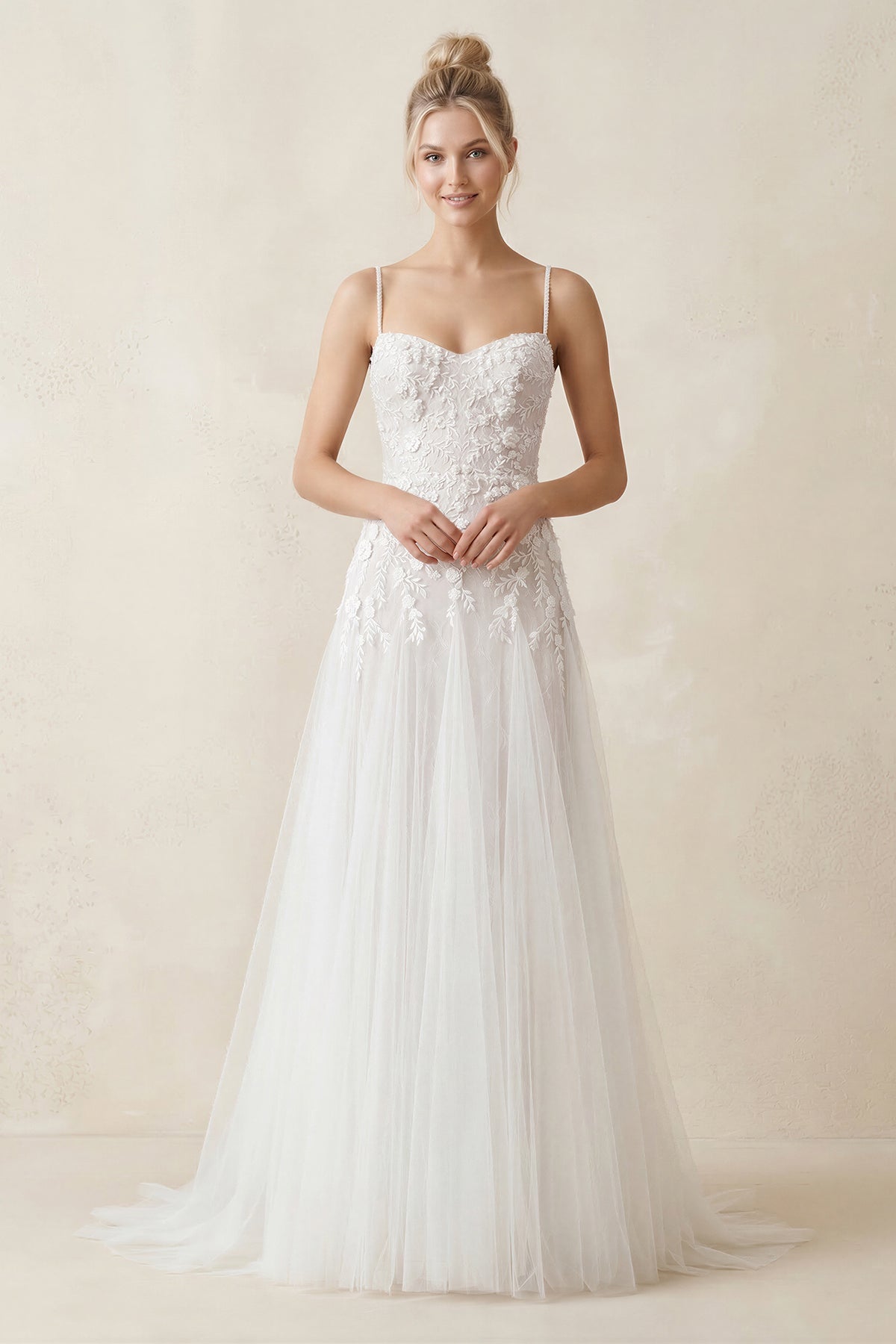 KissProm | Spaghetti Straps A-Line Tulle Appliqued Wedding Dress in White