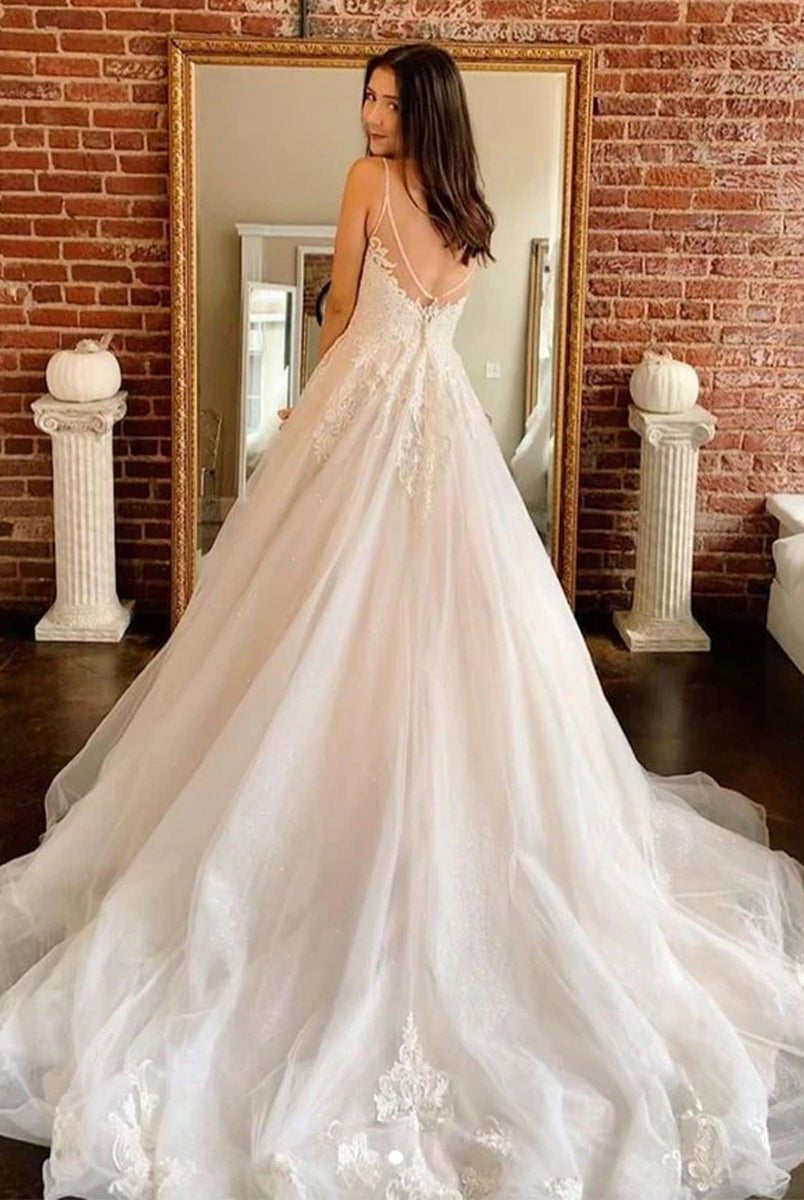 Spaghetti Straps White A Line Tulle Wedding Dresses with Lace Appliques - KissProm