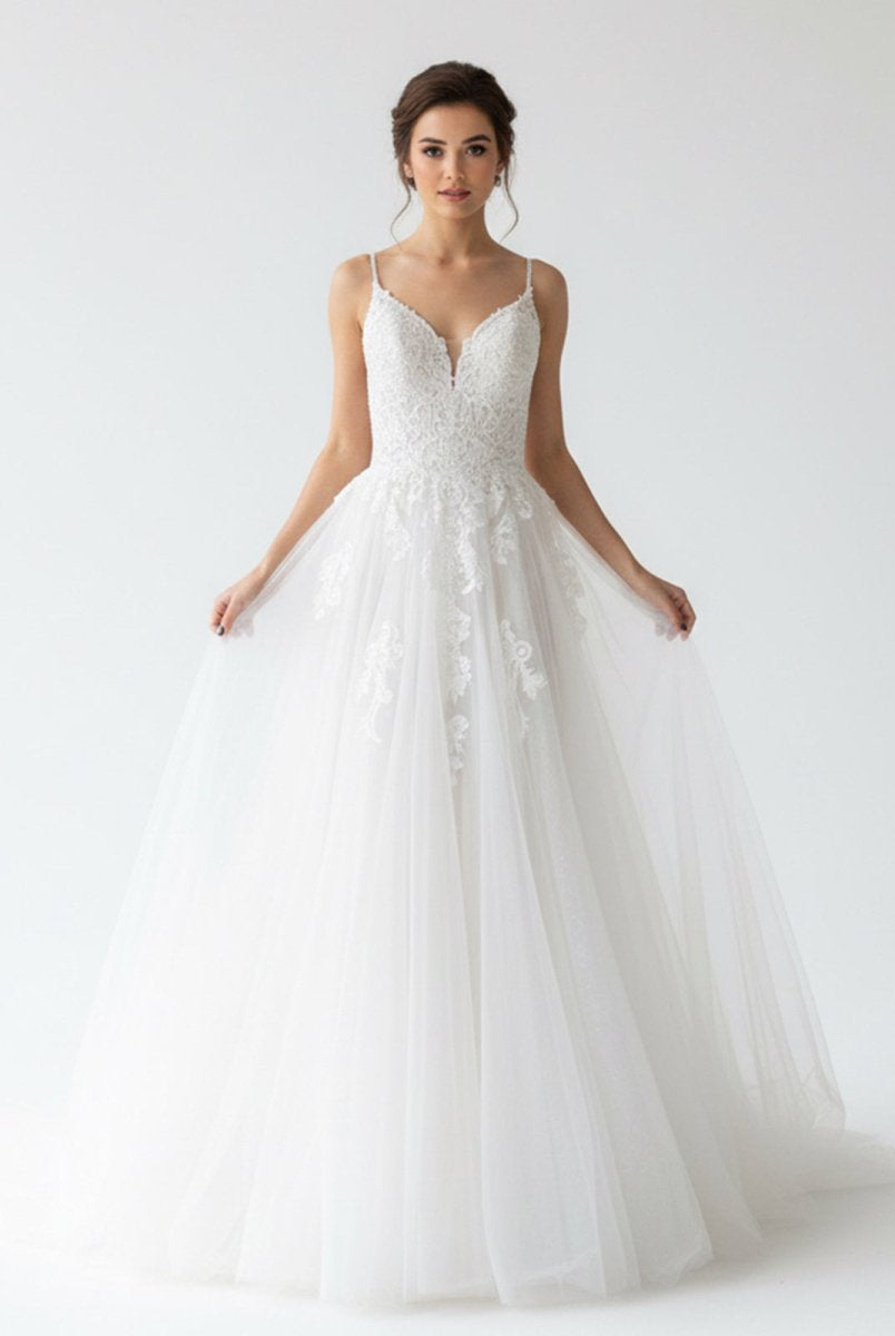Spaghetti Straps White A Line Tulle Wedding Dresses with Lace Appliques - KissProm