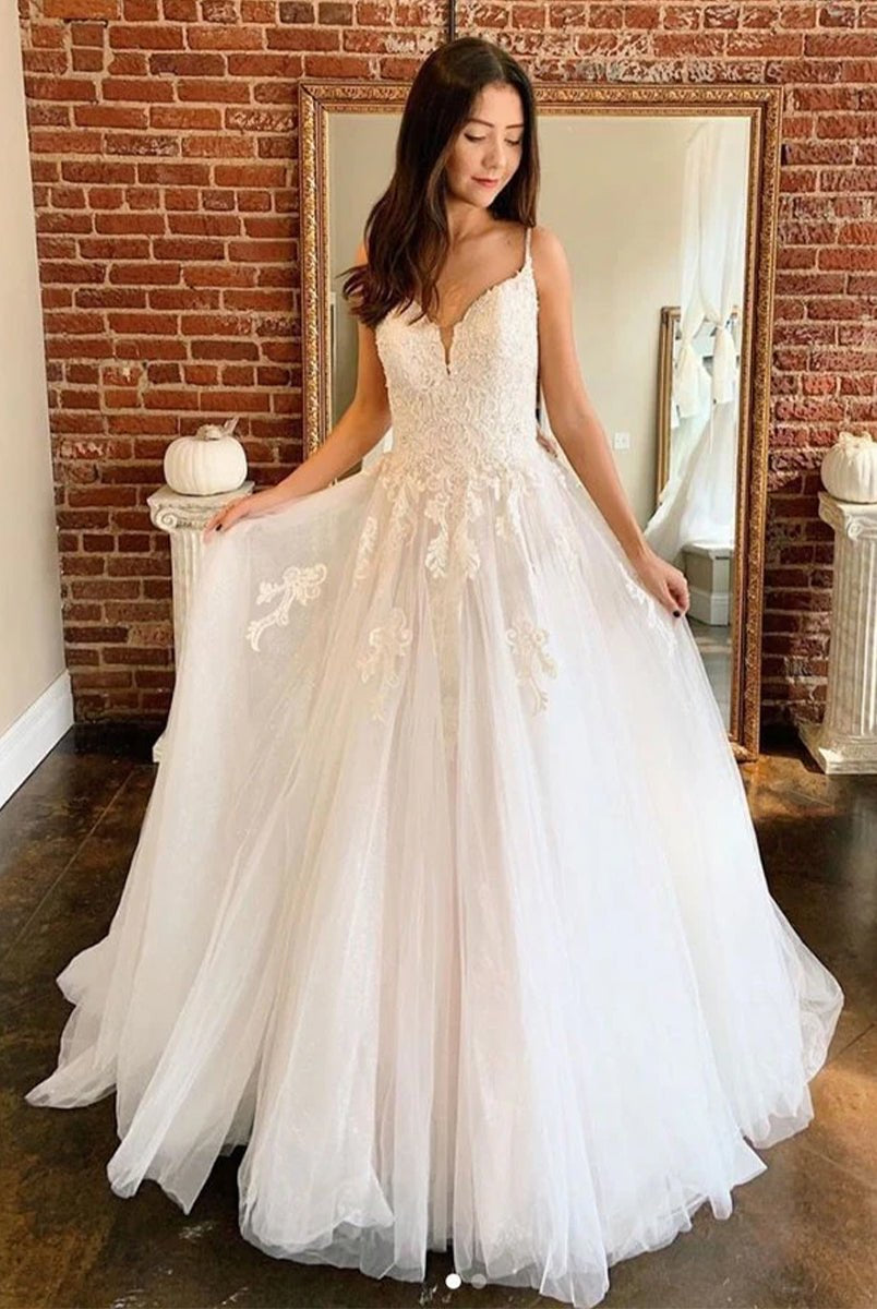 Spaghetti Straps White A Line Tulle Wedding Dresses with Lace Appliques - KissProm