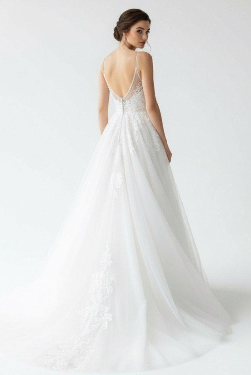 Spaghetti Straps White A Line Tulle Wedding Dresses with Lace Appliques - KissProm