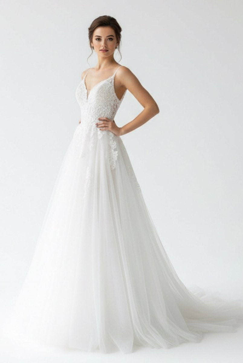 Spaghetti Straps White A Line Tulle Wedding Dresses with Lace Appliques - KissProm