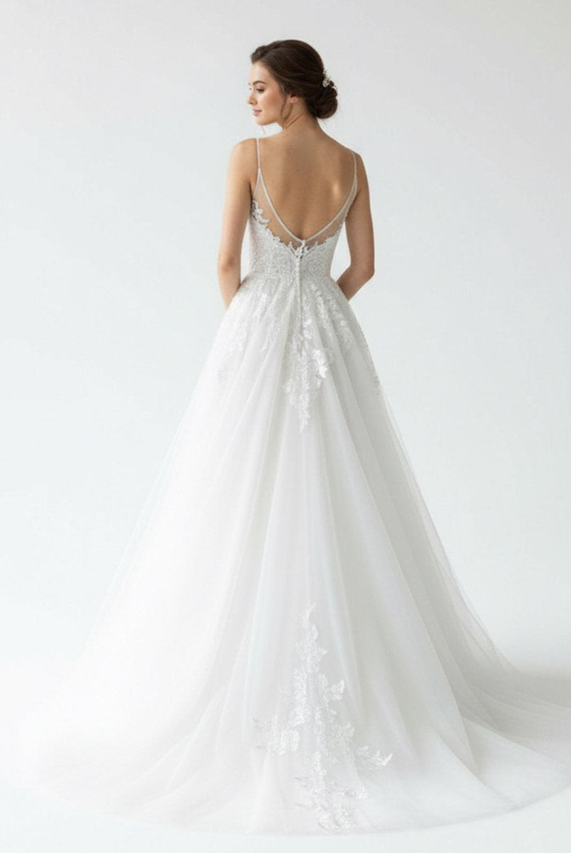 Spaghetti Straps White A Line Tulle Wedding Dresses with Lace Appliques - KissProm