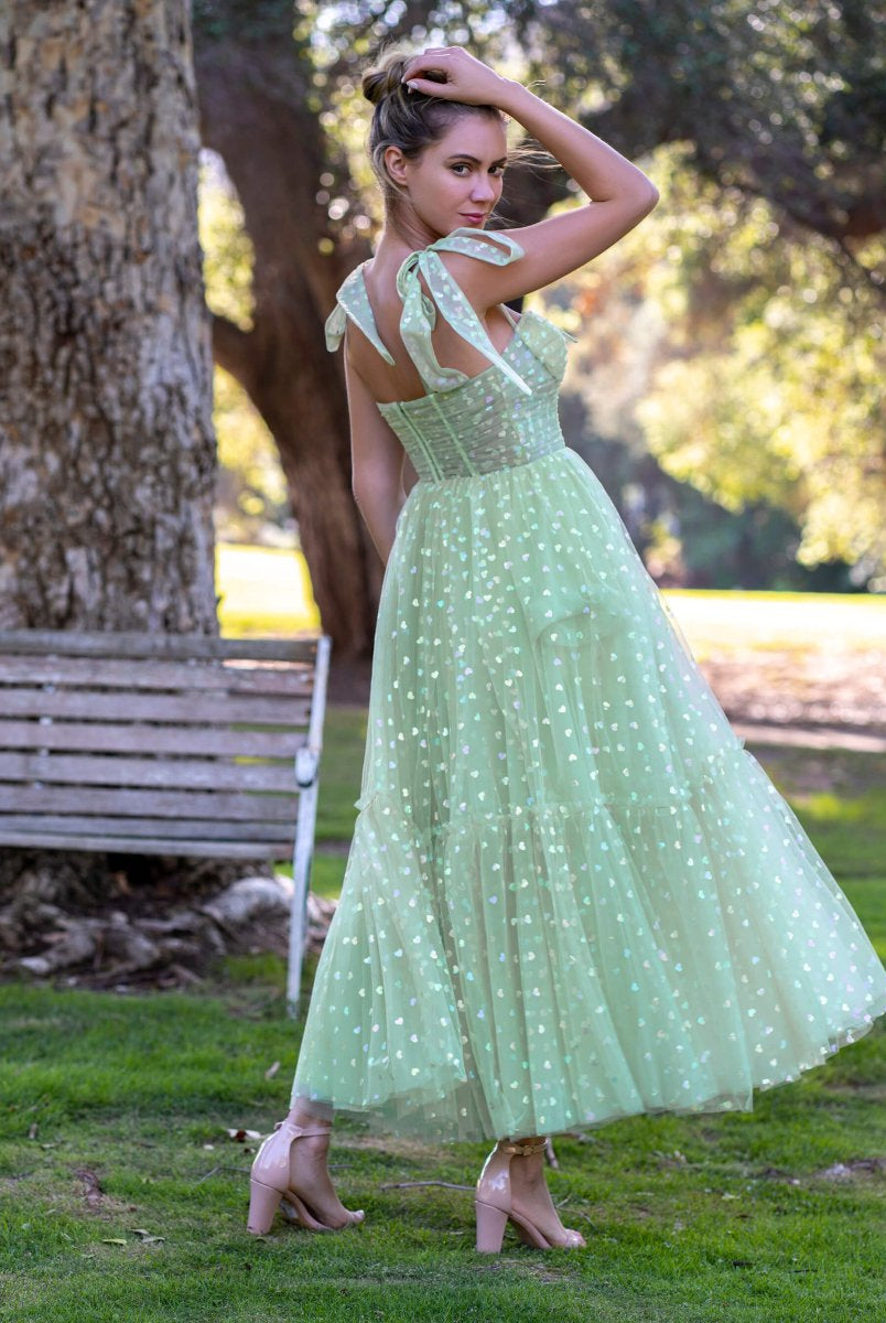 Corset Bow Straps Tulle Glitter Hearts Ankle Length Prom Dress