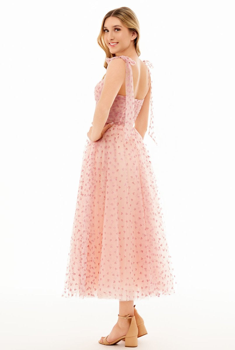 Corset Bow Straps Tulle Glitter Hearts Ankle Length Prom Dress