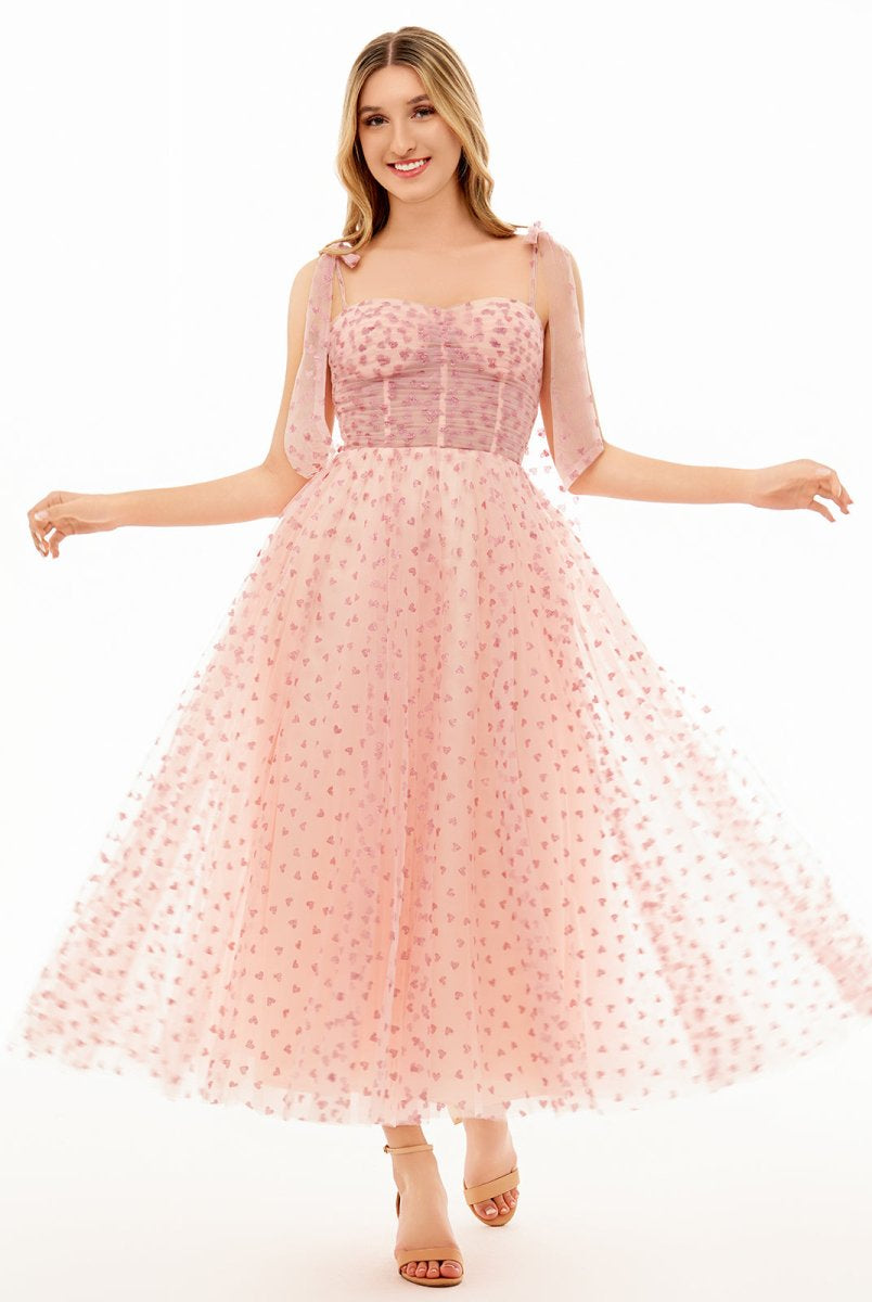 Corset Bow Straps Tulle Glitter Hearts Ankle Length Prom Dress
