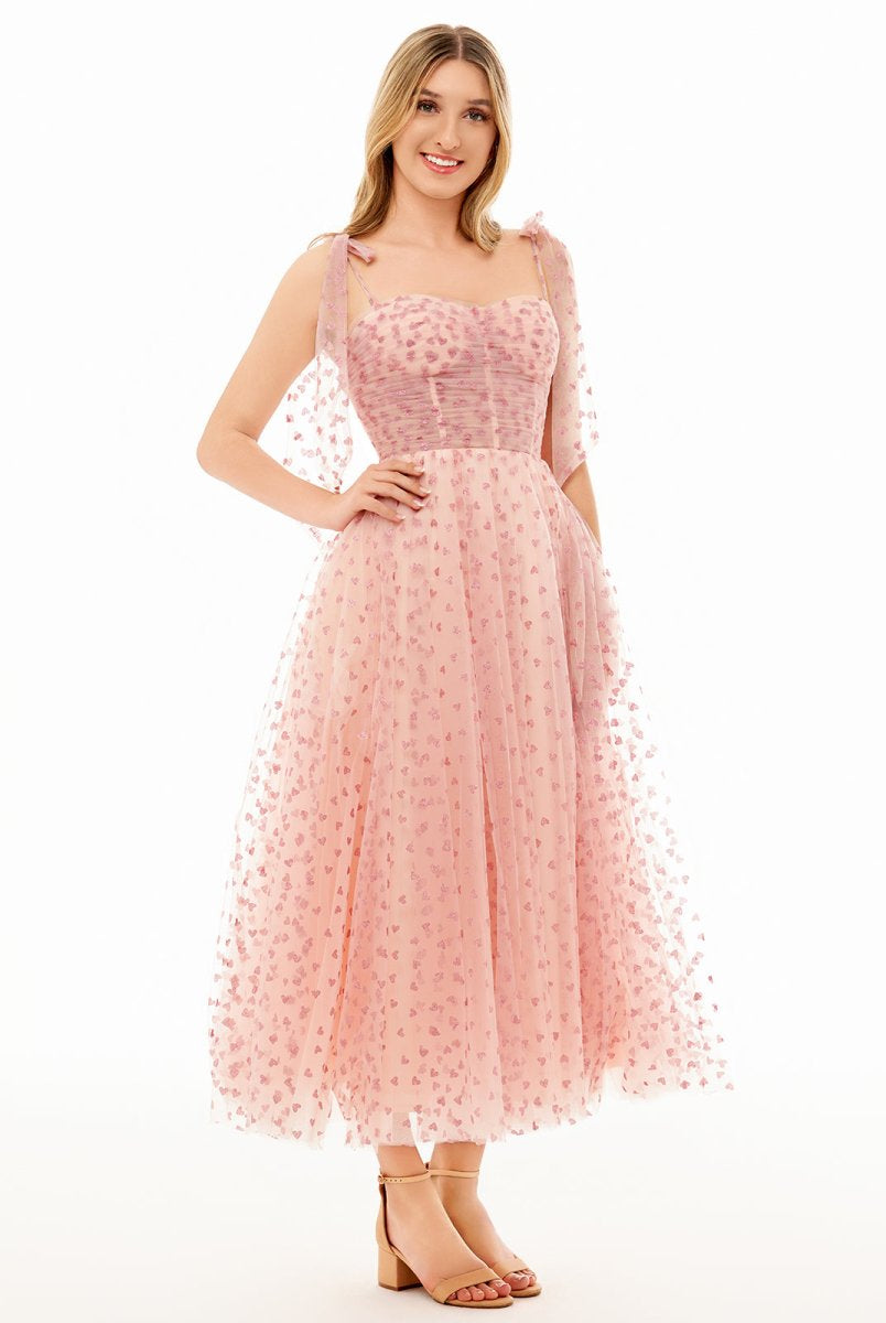 Corset Bow Straps Tulle Glitter Hearts Ankle Length Prom Dress