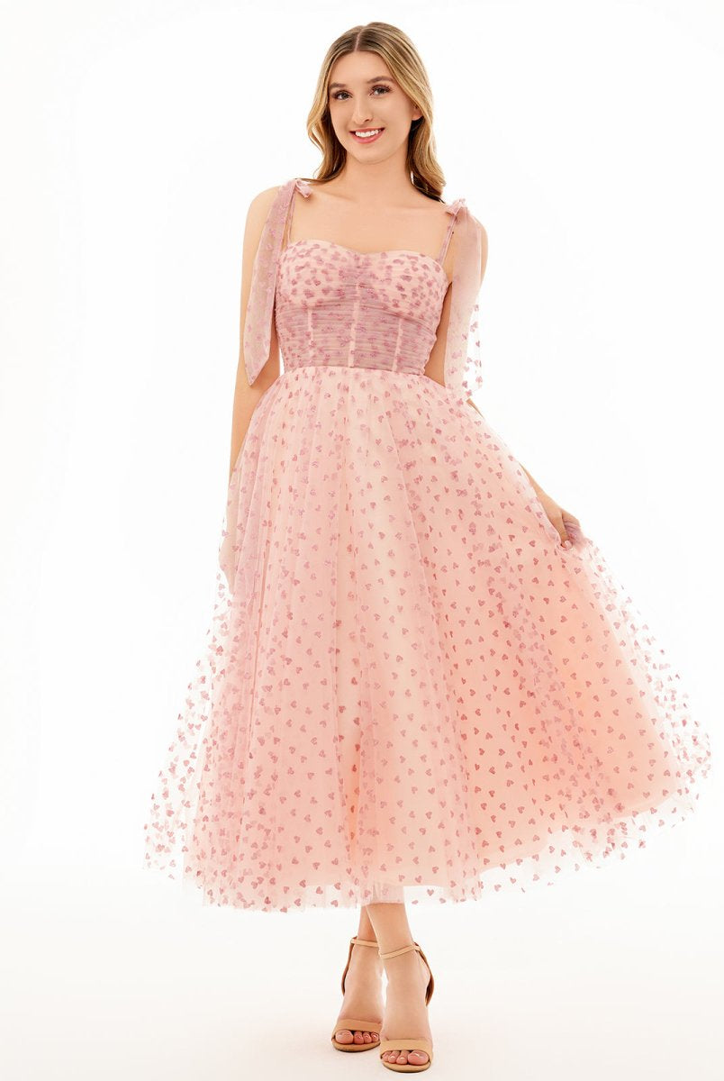 Corset Bow Straps Tulle Glitter Hearts Ankle Length Prom Dress