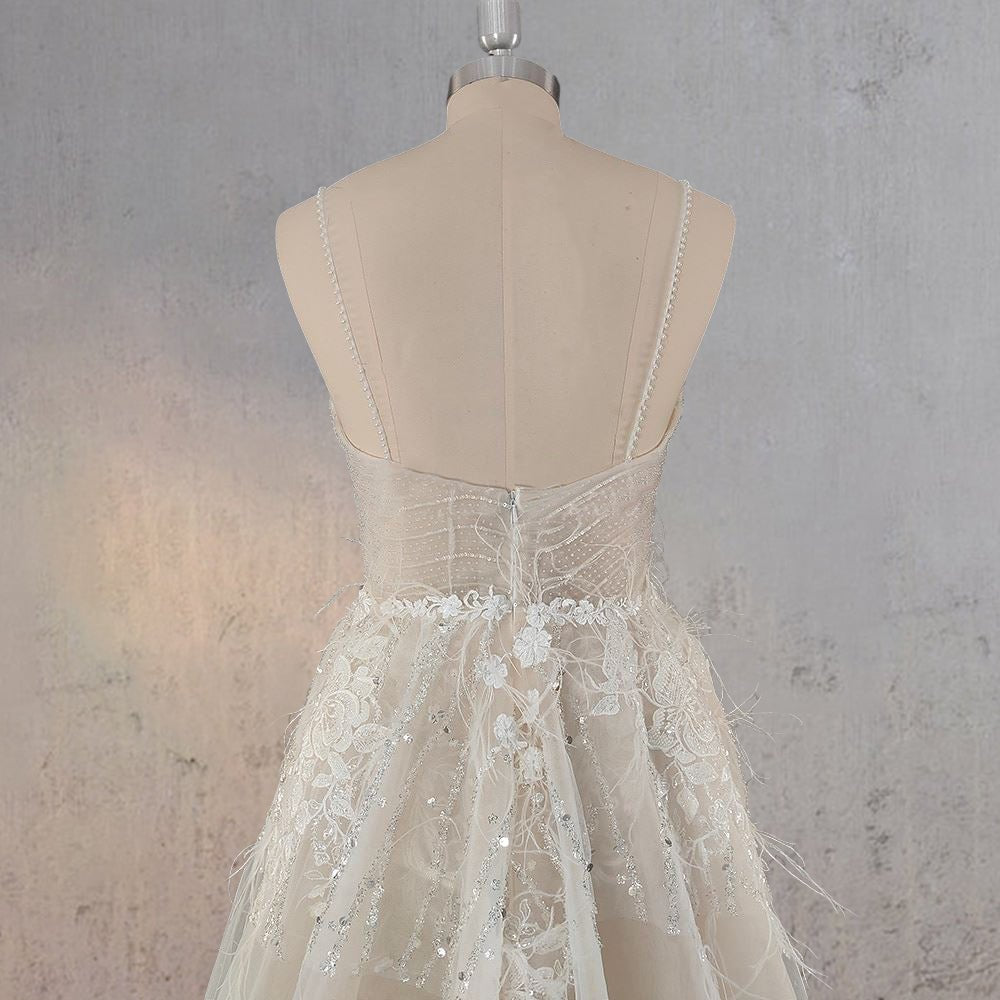 Spaghetti Straps Appliqued Lace Wedding Dress with Feathers