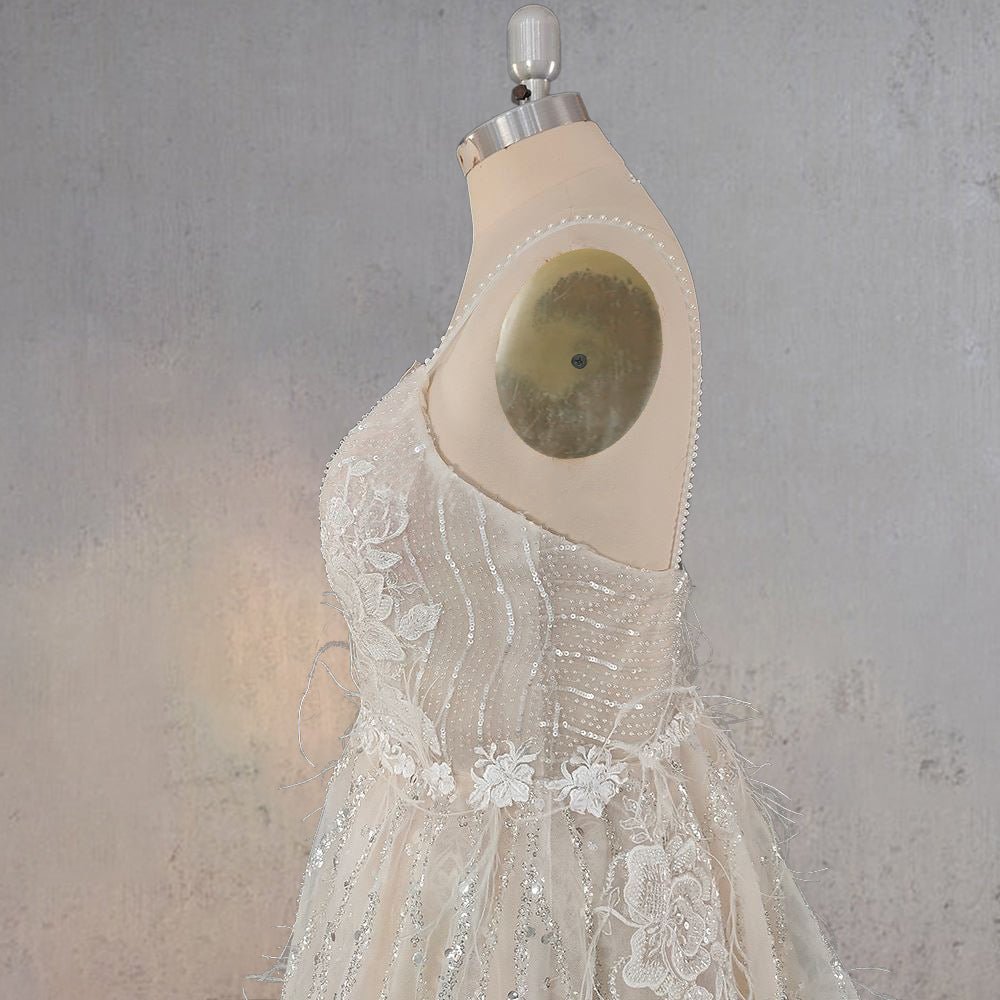 Spaghetti Straps Appliqued Lace Wedding Dress with Feathers