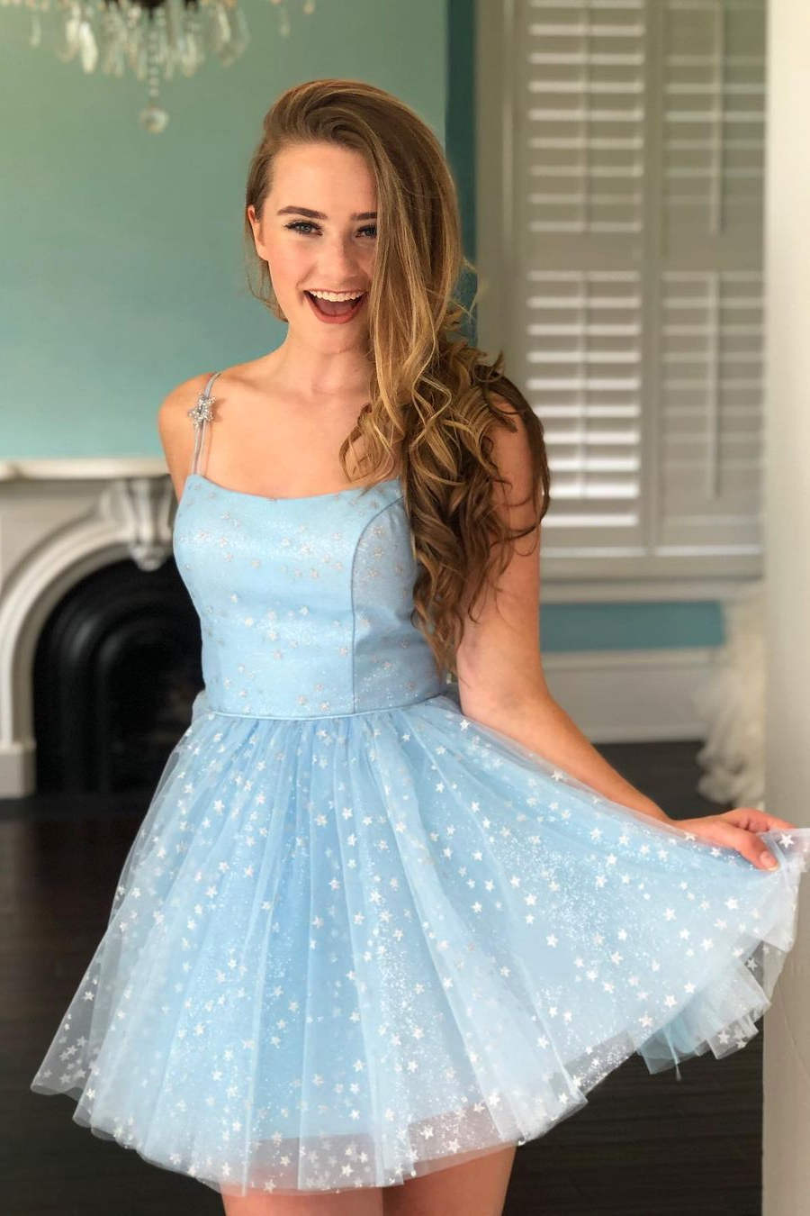 Spaghetti Straps Light Blue Short Homecoming Dress with Stars Spaghetti Straps Light Blue Short Homecoming Dress with Stars