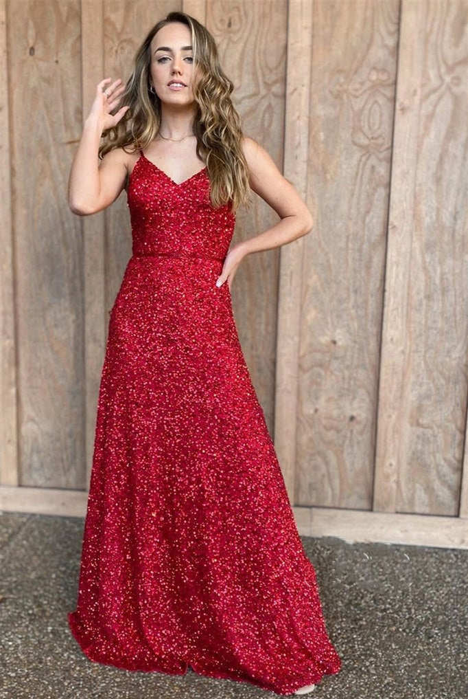 Spaghetti Straps Red Sequins Long Prom Dress - KissProm