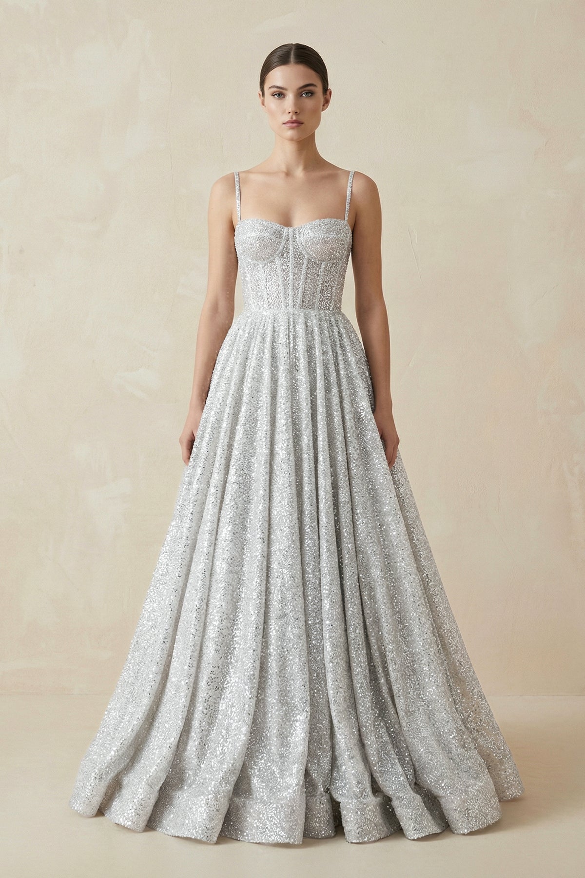KissProm Spaghetti Straps Sequins A-line Sparkly Wedding Dress Bridal Gown, Diamond White / 14