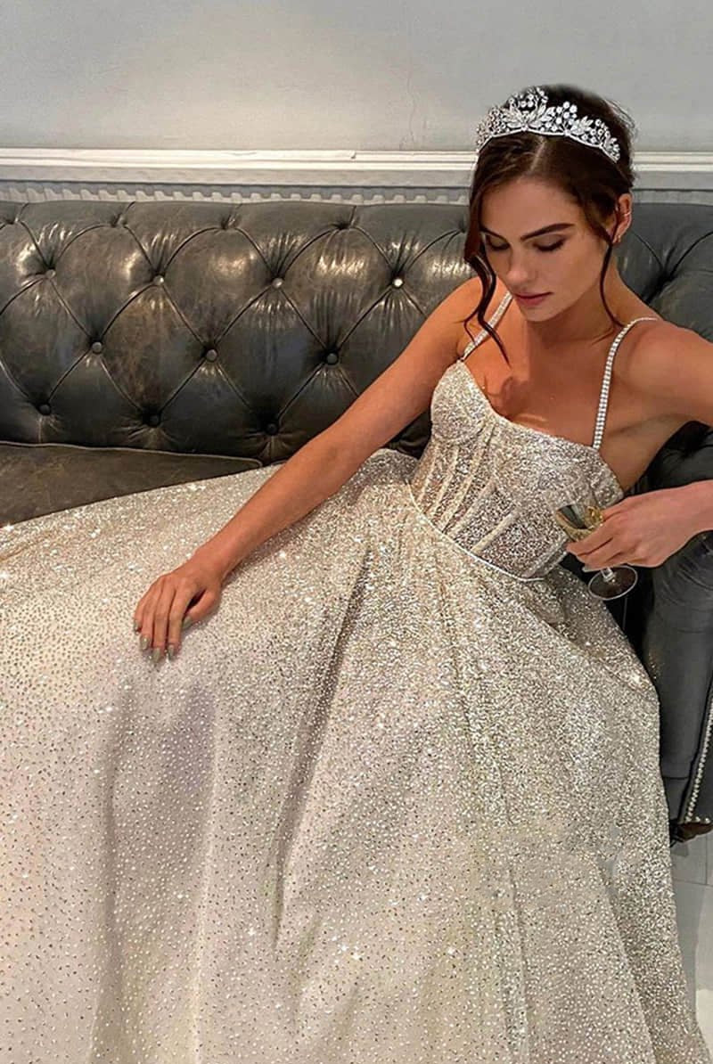 Liva | Spaghetti Straps Sequins A-line Sparkly Wedding Dress Bridal Gown