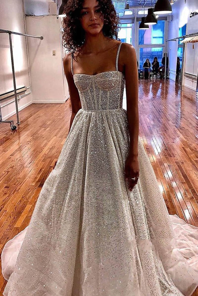 Liva | Spaghetti Straps Sequins A-line Sparkly Wedding Dress Bridal Gown