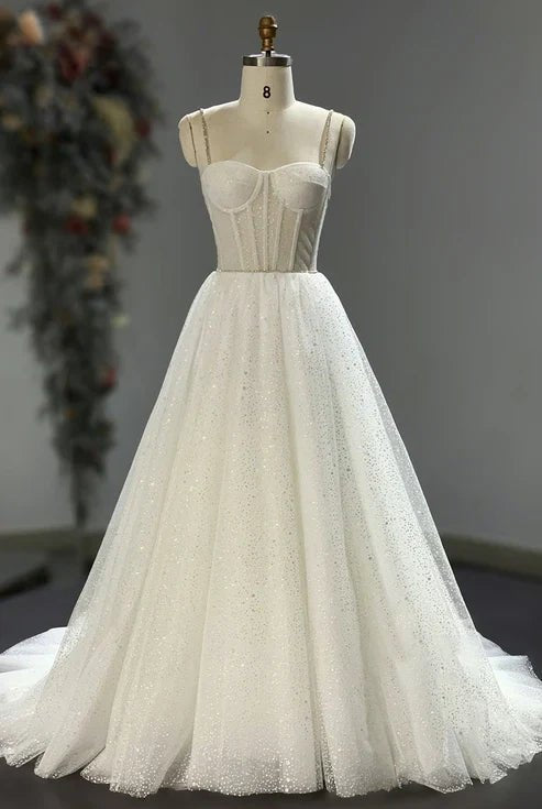 Spaghetti Straps Sparkly Bohemian Wedding Dress