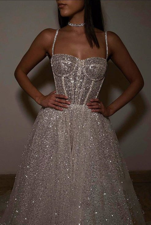 Spaghetti Straps Sparkly Bohemian Wedding Dress