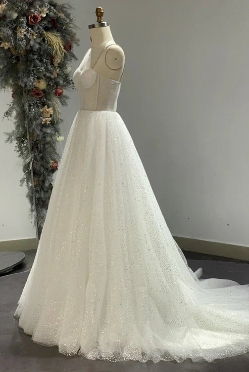 Spaghetti Straps Sparkly Bohemian Wedding Dress