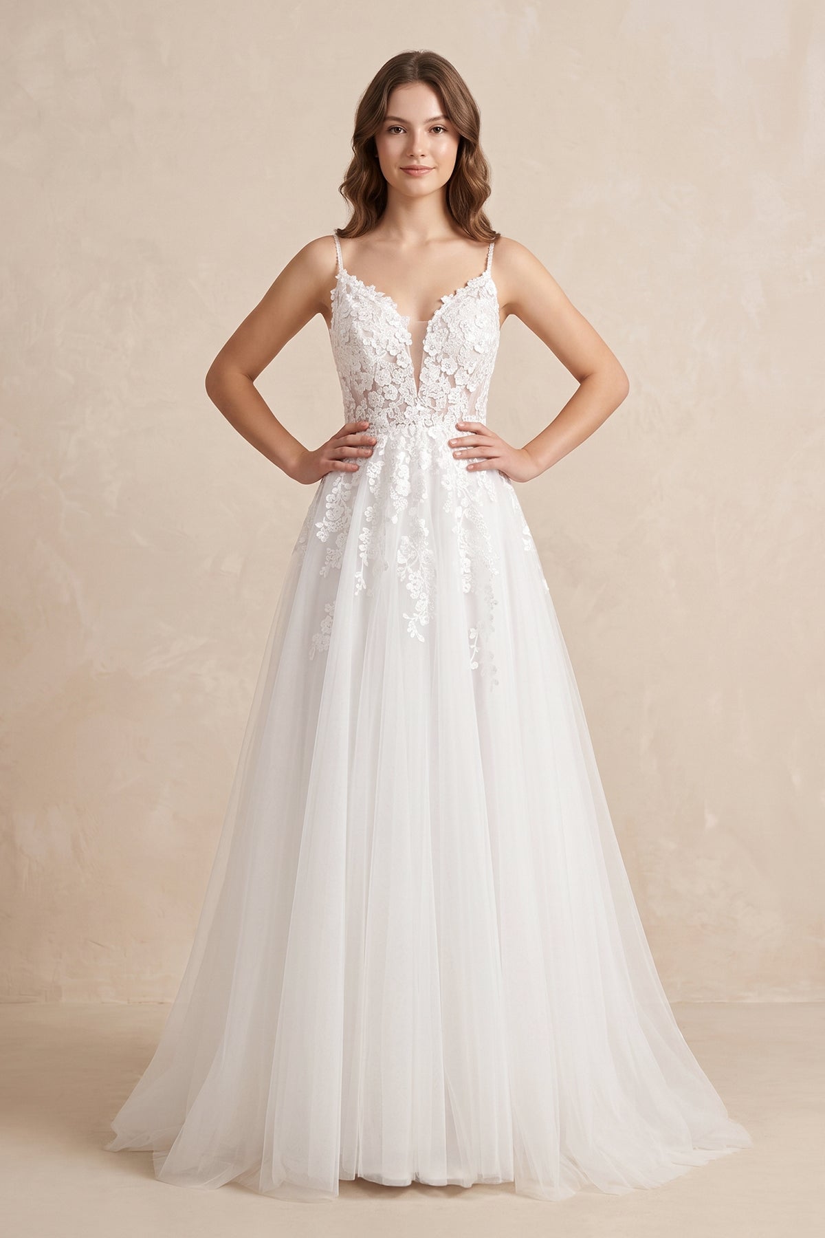 KissProm Spaghetti Straps V-Neck Lace Appliques A-line Tulle Rustic Wedding Dress, White-Nude / 12