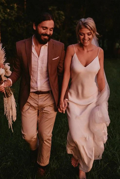 Spaghetti Straps V-neck Simple Beach Wedding Dress