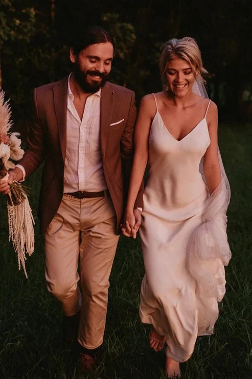 Spaghetti Straps V-neck Simple Beach Wedding Dress