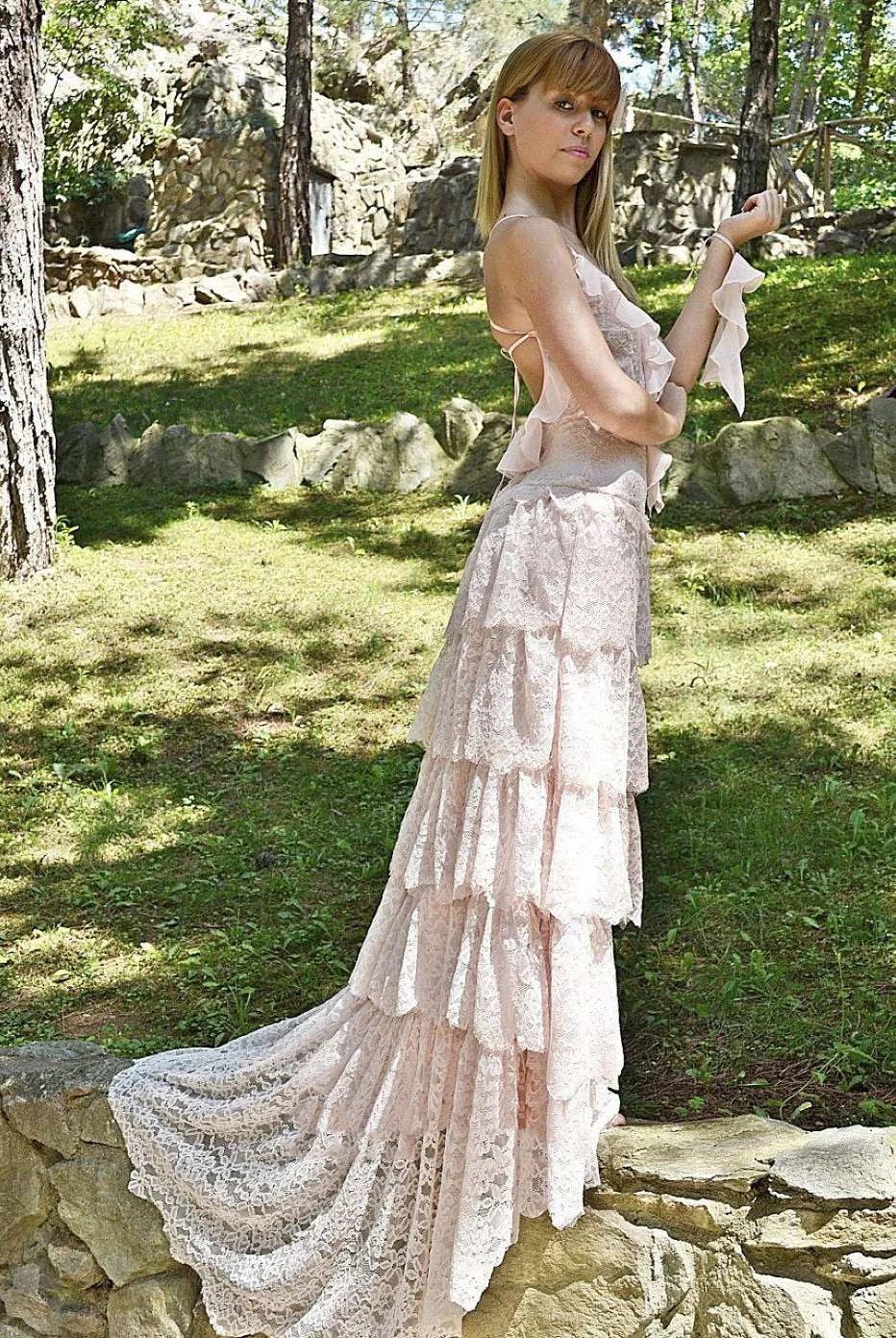 Spaghetti Tired Lace Vintage Wedding Dress With Sweep Train