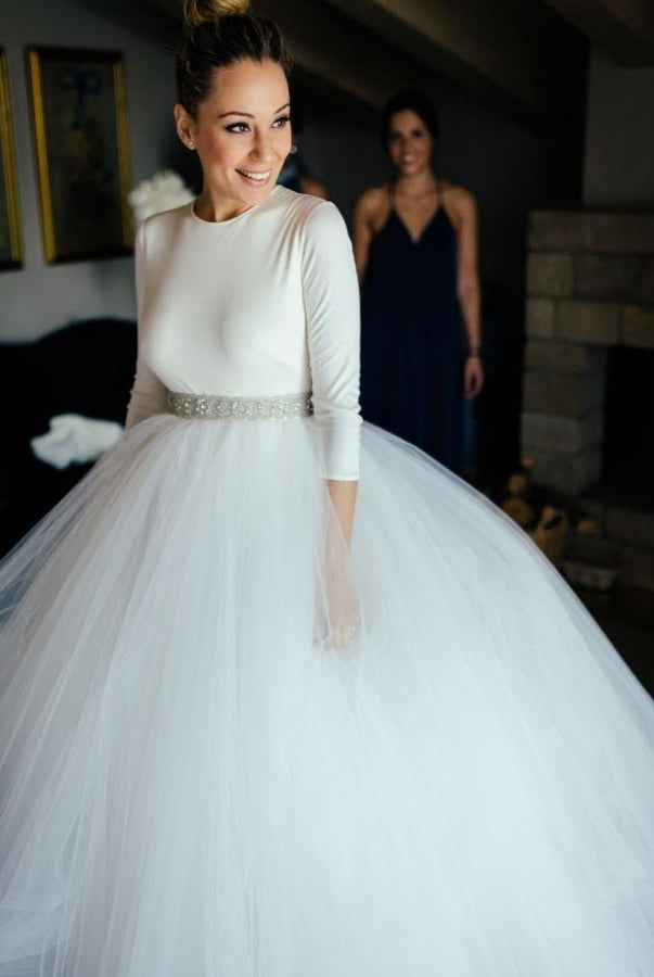 Spandex 3/4 Sleeves Covered - Button Wedding Dresses with Rhinestones Belt - KissProm