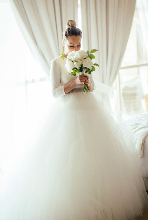 Spandex 3/4 Sleeves Covered - Button Wedding Dresses with Rhinestones Belt - KissProm