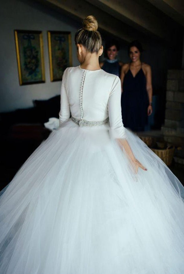 Spandex 3/4 Sleeves Covered - Button Wedding Dresses with Rhinestones Belt - KissProm
