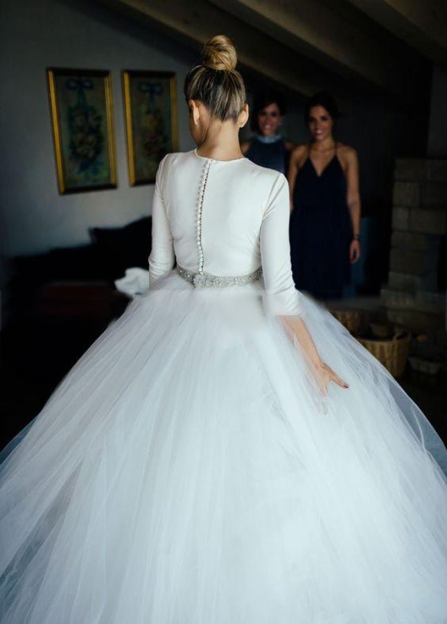 Spandex 3/4 Sleeves Covered - Button Wedding Dresses with Rhinestones Belt - KissProm