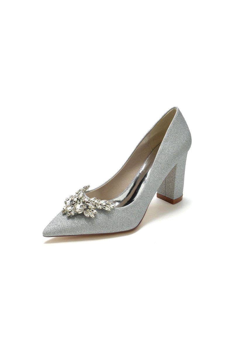 Sparkle Pointed Toe Glitter Chunky Heels With Rhinestone - KissProm