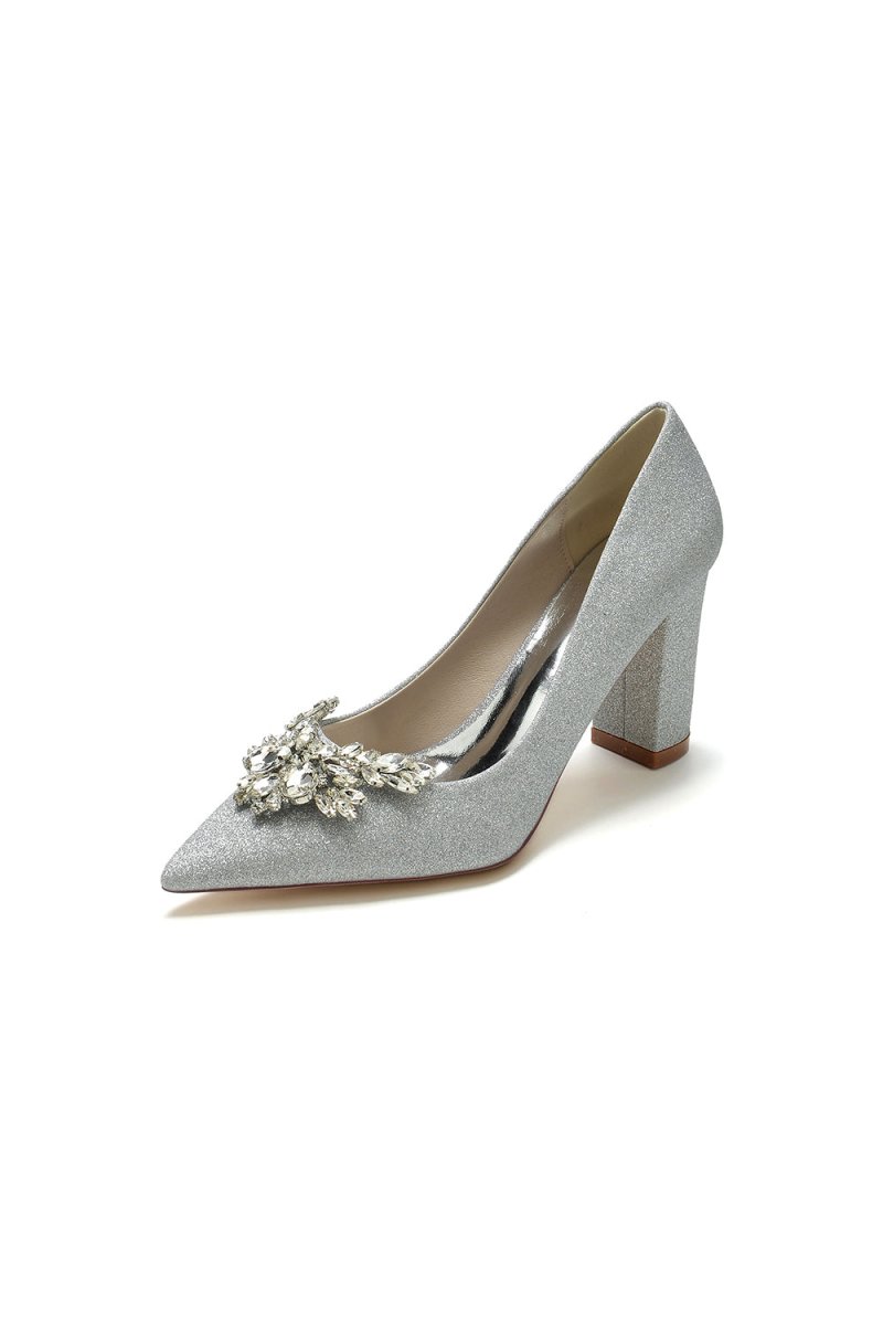 Sparkle Pointed Toe Glitter Chunky Heels With Rhinestone - KissProm