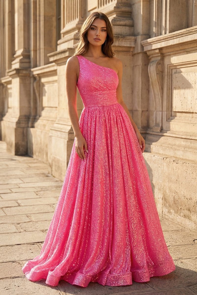 Charlee Hot pink A-Line One Shoulder Sequins Prom Dress with Pockets Charlee Hot pink A-Line One Shoulder Sequins Prom Dress with Pockets