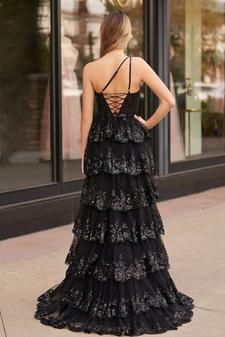 Livia |Sheath One Shoulder Tiered Lace Long Prom Dress - KissProm