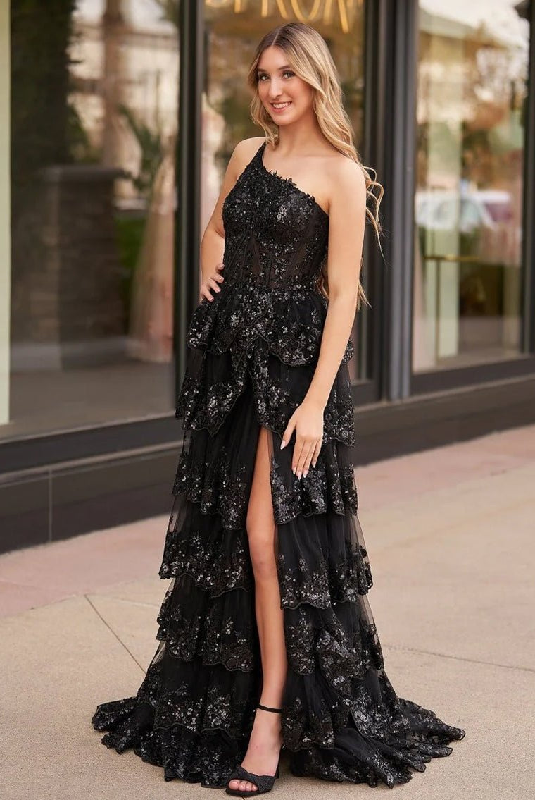 Livia |Sheath One Shoulder Tiered Lace Long Prom Dress - KissProm
