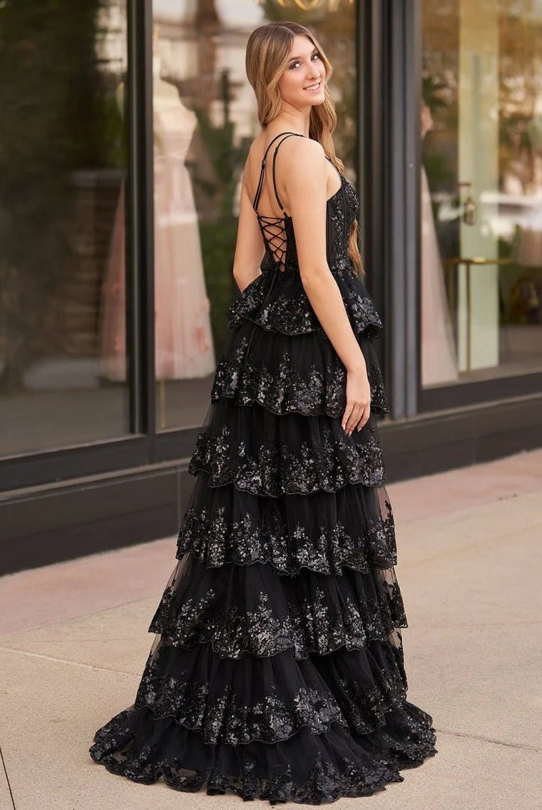 Livia |Sheath One Shoulder Tiered Lace Long Prom Dress - KissProm