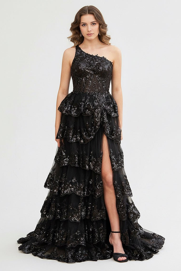 Livia |Sheath One Shoulder Tiered Lace Long Prom Dress - KissProm