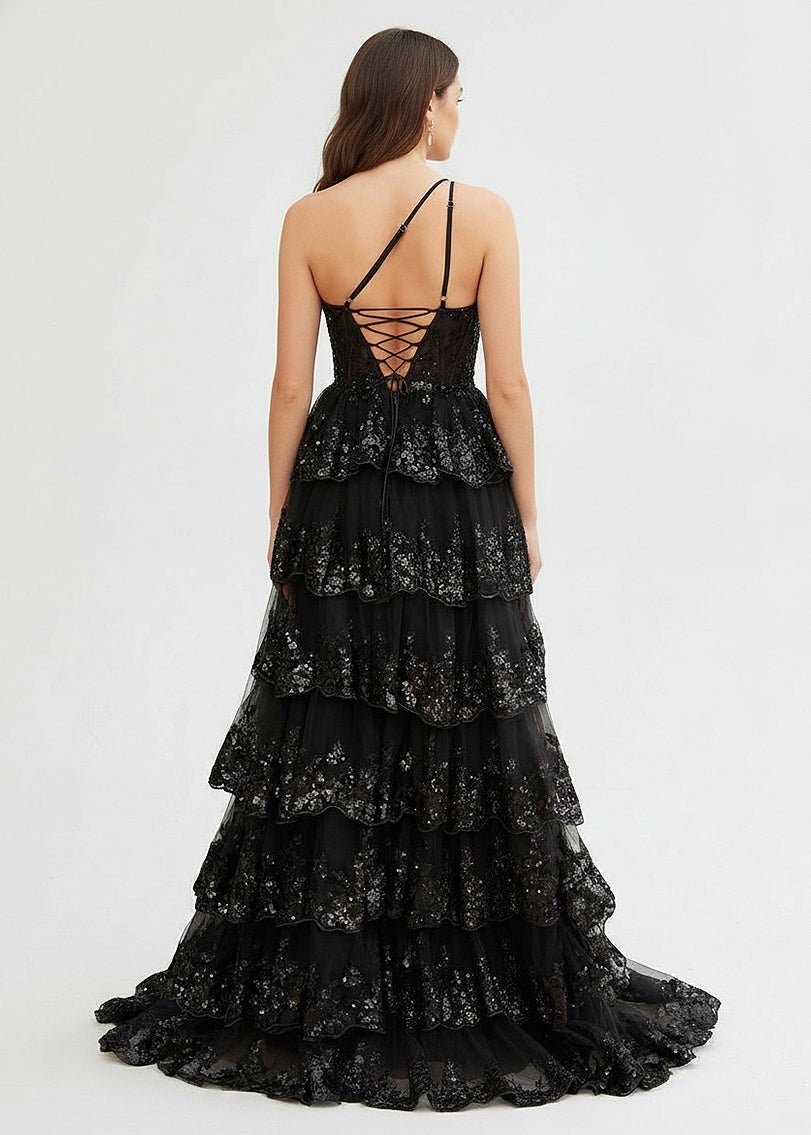 Livia |Sheath One Shoulder Tiered Lace Long Prom Dress - KissProm