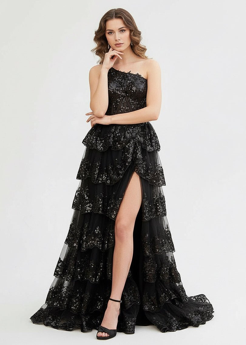 Livia |Sheath One Shoulder Tiered Lace Long Prom Dress - KissProm