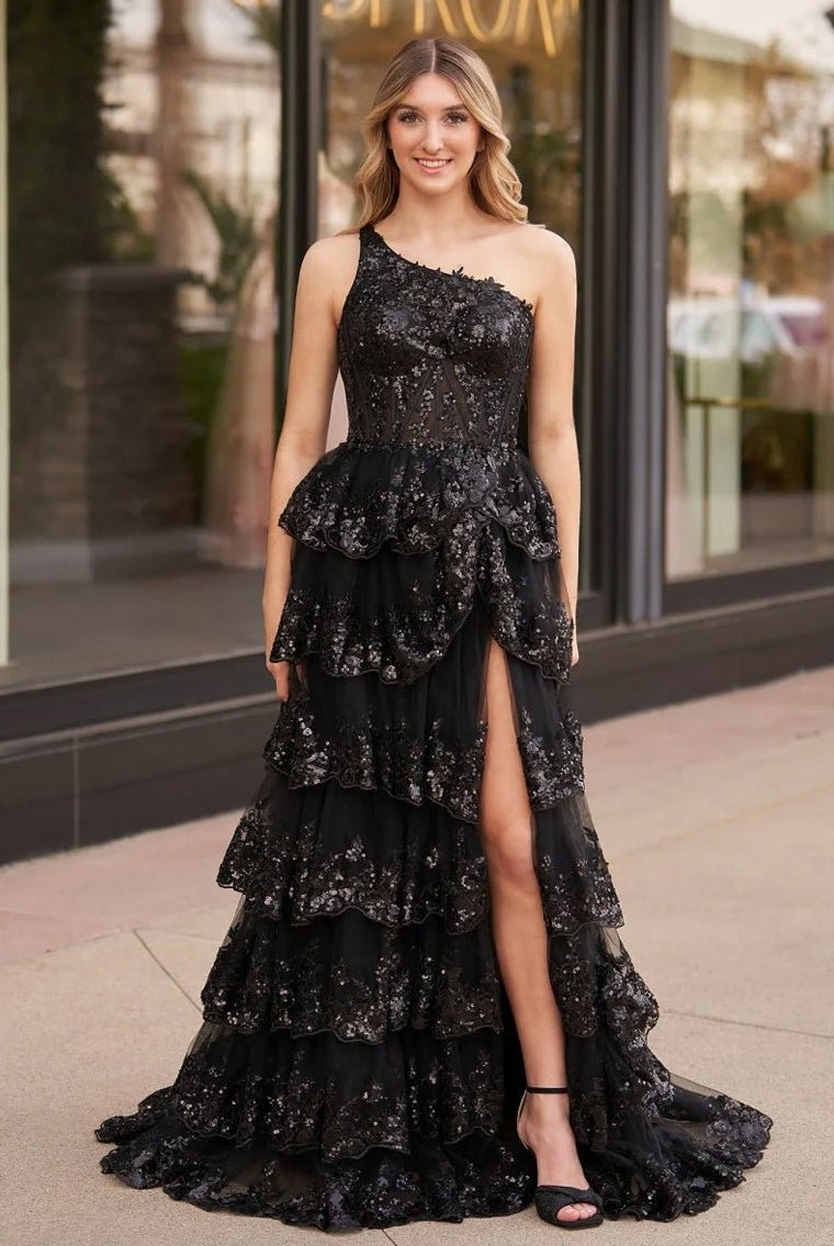 Livia |Sheath One Shoulder Tiered Lace Long Prom Dress - KissProm