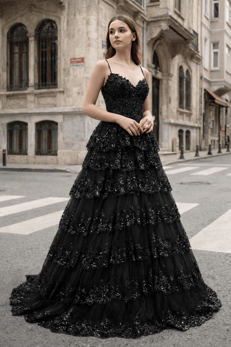 A Line Spaghetti Straps Tiered Lace Prom Dress, Black / 6