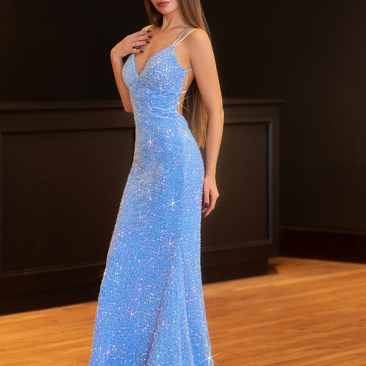 Sparkly Blue Mermaid Sequins Long Backless Prom Dress – KissProm