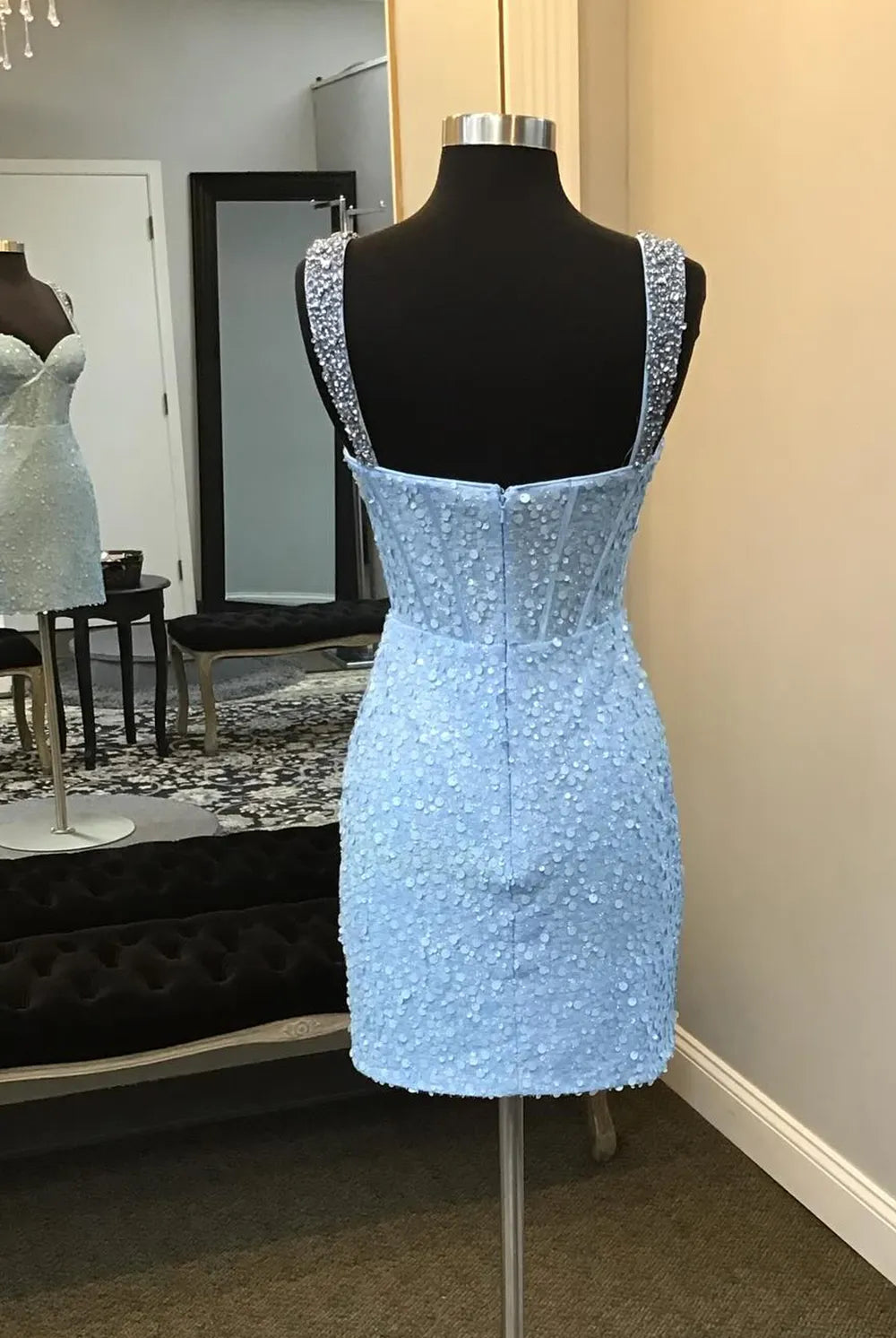 Sparkly Blue Spaghetti Straps Sequins Bodycon Short Corset Homecoming Dress