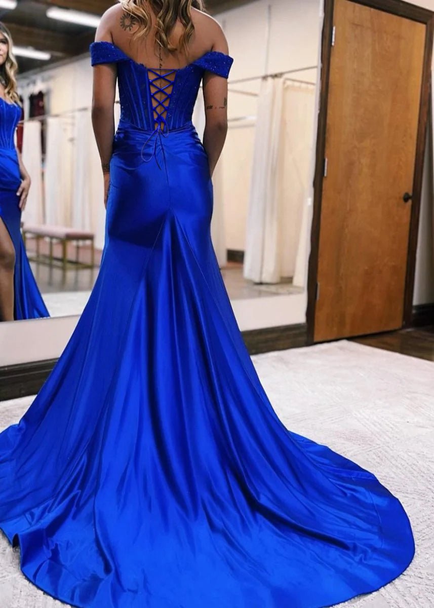 Raelyn |Mermaid Off the Shoulder Satin Prom Dress with Slit - KissProm