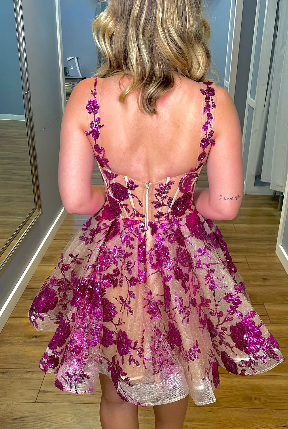 Tuci | Sparkly Fuchsia Spaghetti Straps A-Line Sequins Short Corset Homecoming Dress