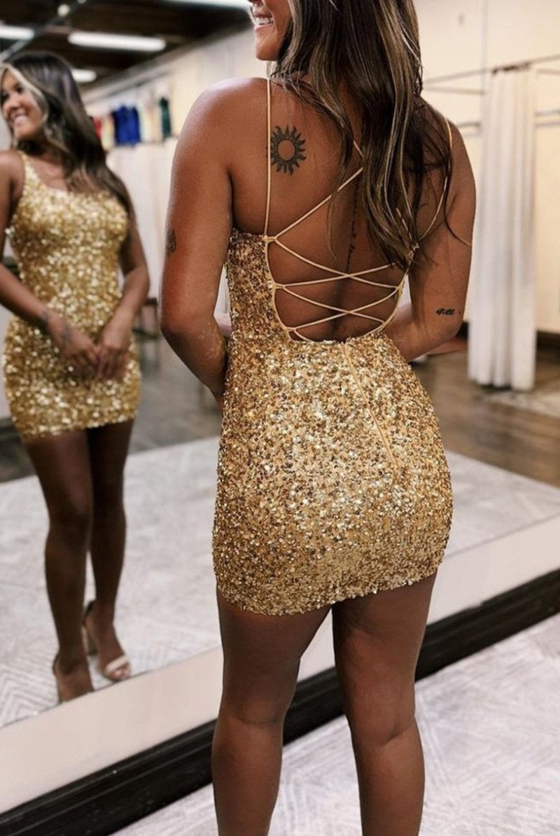 Sparkly Golden Bodycon Spagehetti Straps Sequins Lace-up Back Homecoming Dress