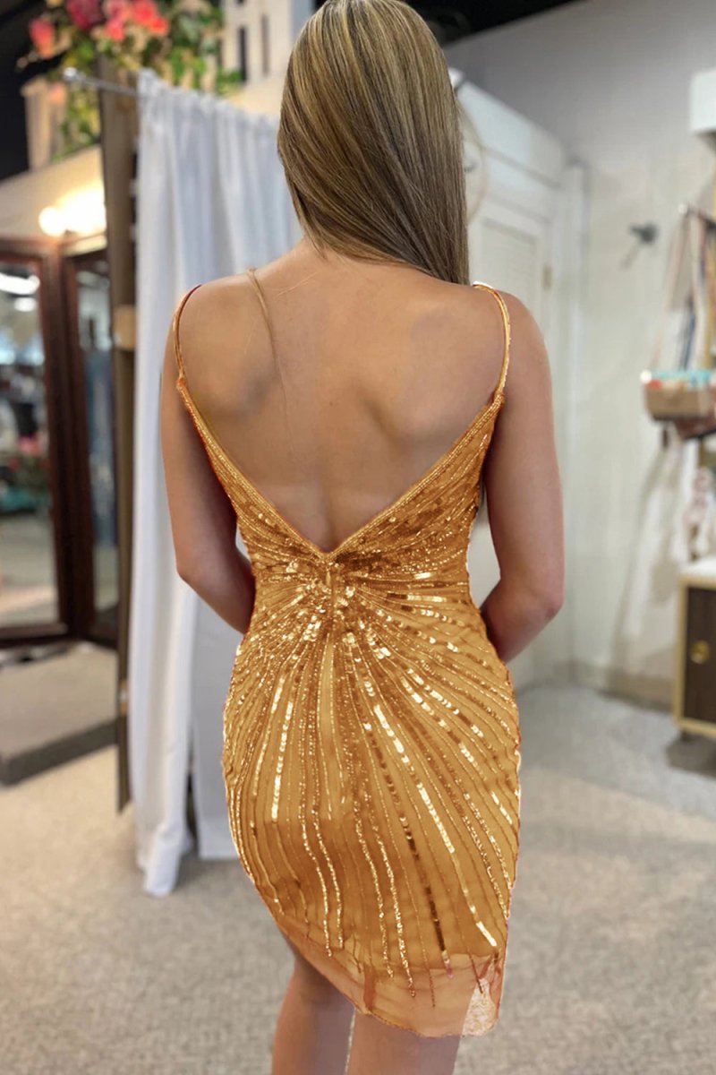 Sparkly Golden Sequined V - Neck Tight Homecoming Dress - KissProm